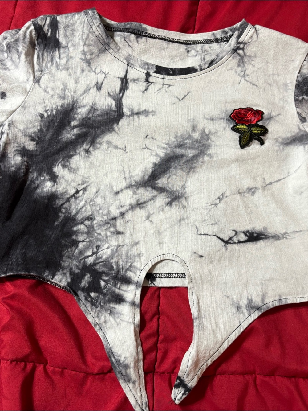 Tie-Dye Crop Top with Embroidered Red Rose